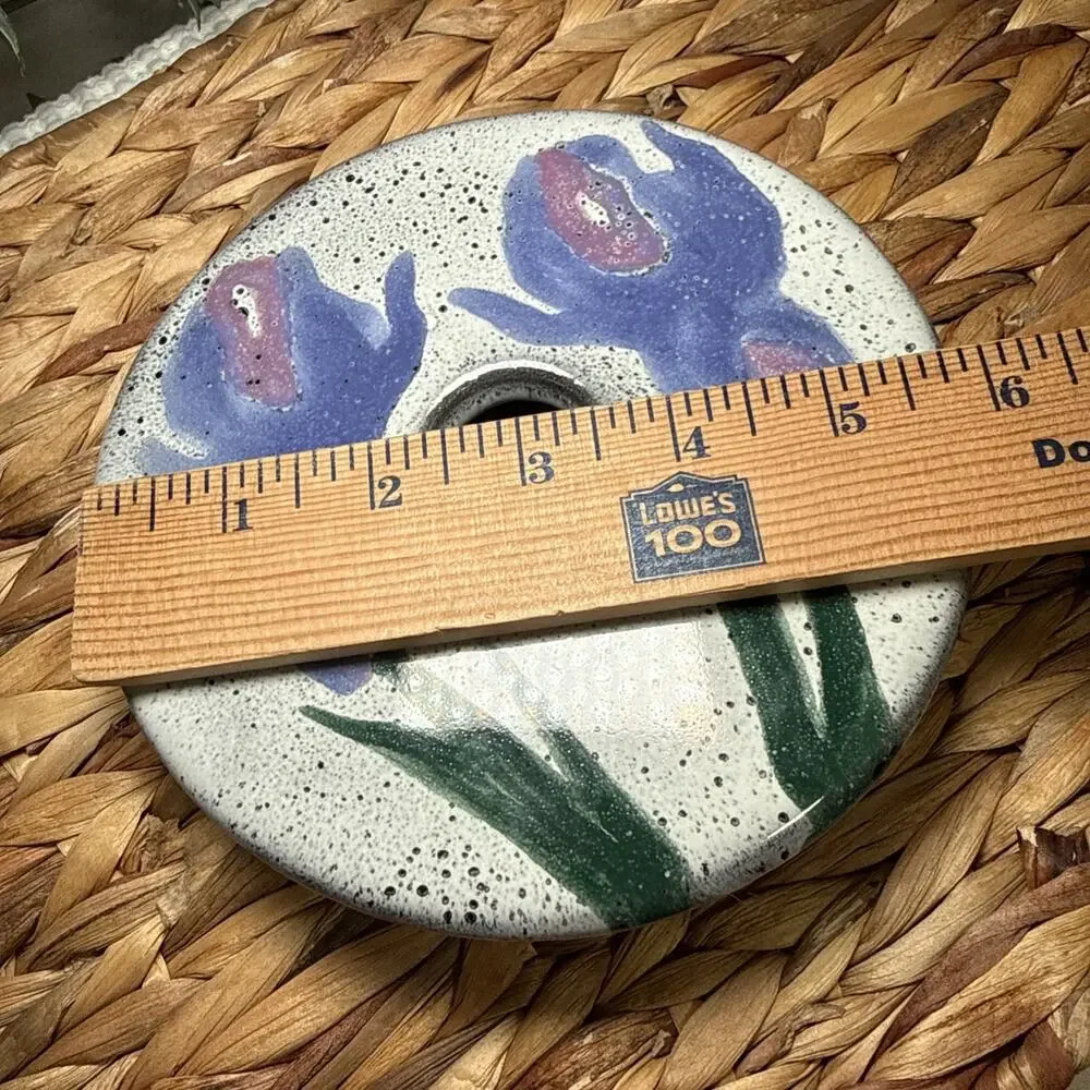 Signed Art Pottery Ikebana Flower Frog Vase Iris Floral Stoneware 6” Vintage
